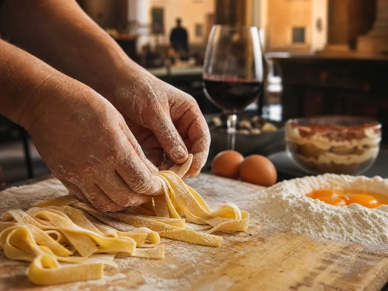 Handmade pasta and tiramisù, with wine