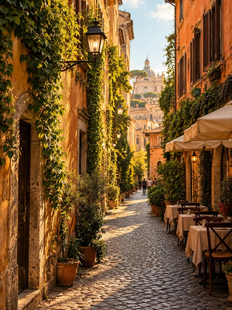 An alley with ivy on ochre walls and trattoria tables