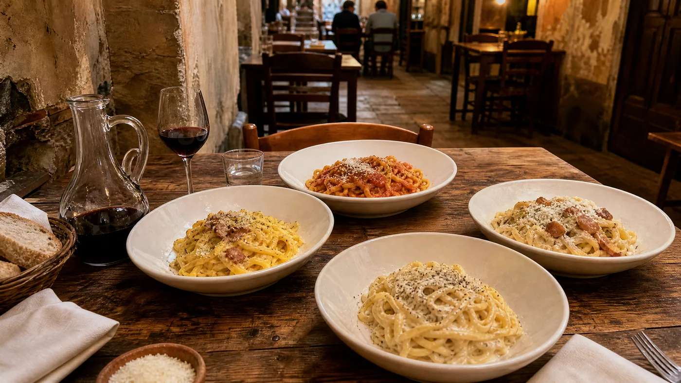 Four Roman pasta dishes on a trattoria table