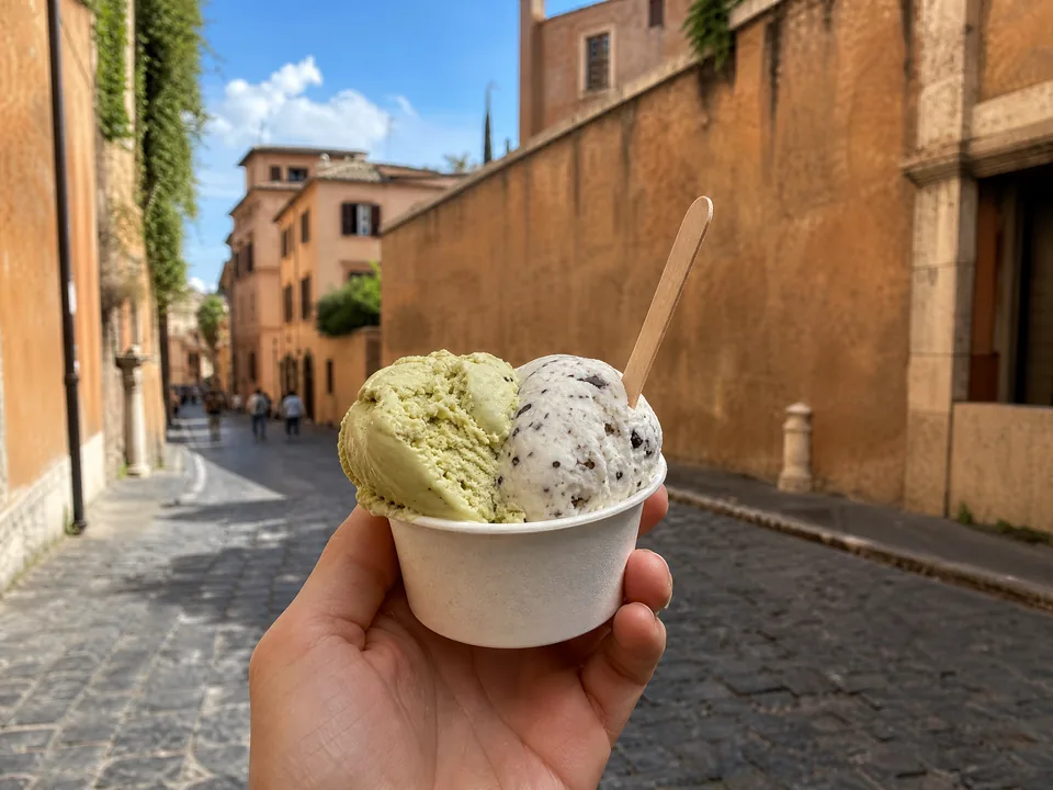 A cup of gelato held above a cobblestone street