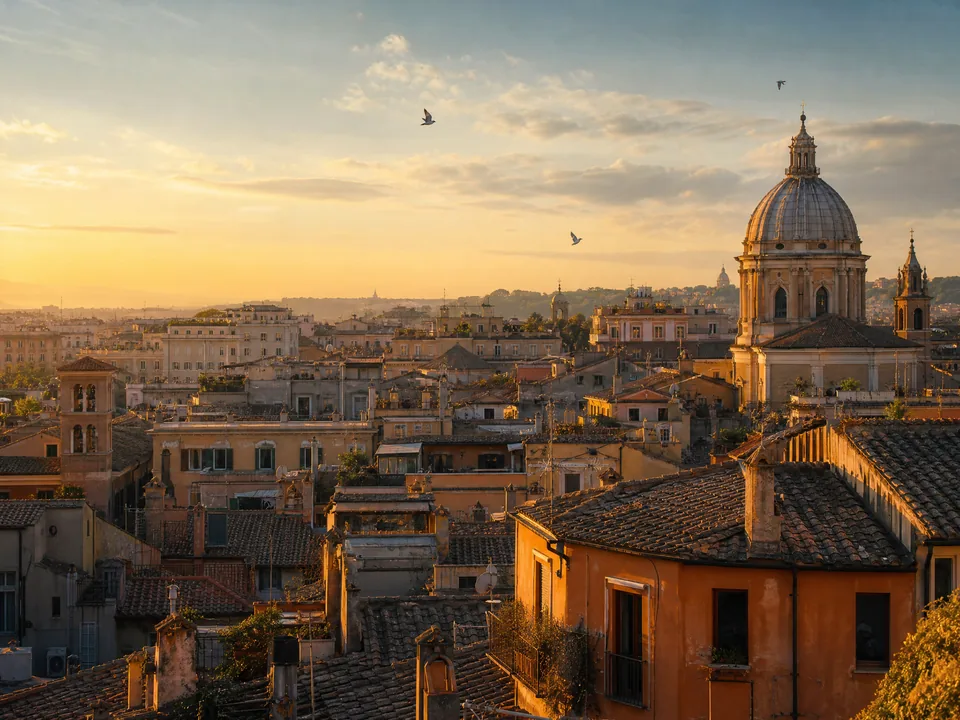 Terracotta rooftops, chimneys and a dome seen from above at golden hour