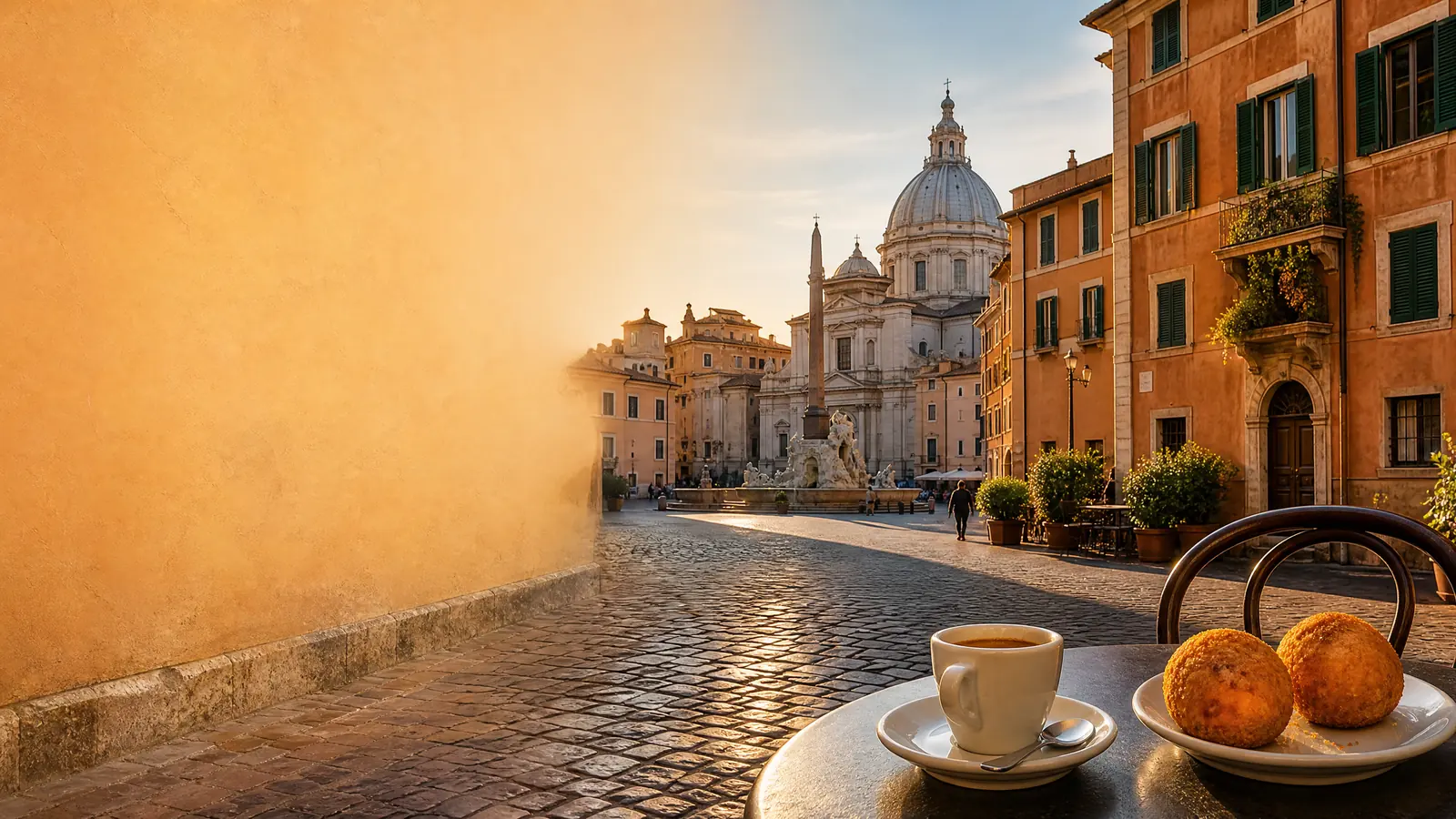 A small table in a Roman square at golden hour, with a coffee and a supplì in the foreground
